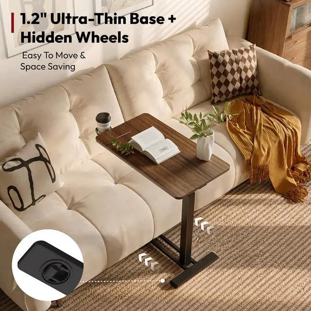Alt view image 5 of 7 - Medical Adjustable Overbed Bedside Table with Hidden Casters, Pneumatic Mobile Laptop Computer Standing Desk Cart with Tray, Hospital and Home Use(27.6" W x 15.7" D, Walnut)