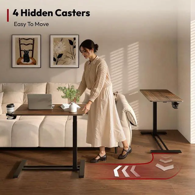 Alt view image 6 of 7 - Medical Adjustable Overbed Bedside Table with Hidden Casters, Pneumatic Mobile Laptop Computer Standing Desk Cart with Tray, Hospital and Home Use(27.6" W x 15.7" D, Walnut)