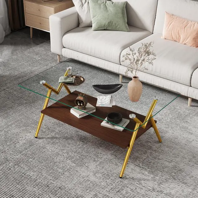 Alt view image 6 of 6 - Glass Coffee Table Modern Rectangular Tempered Glass Center Table with Open Storage Shelf, 2-Tier Accent Table with Metal Frame for Living Room & Small Spaces (Gold)