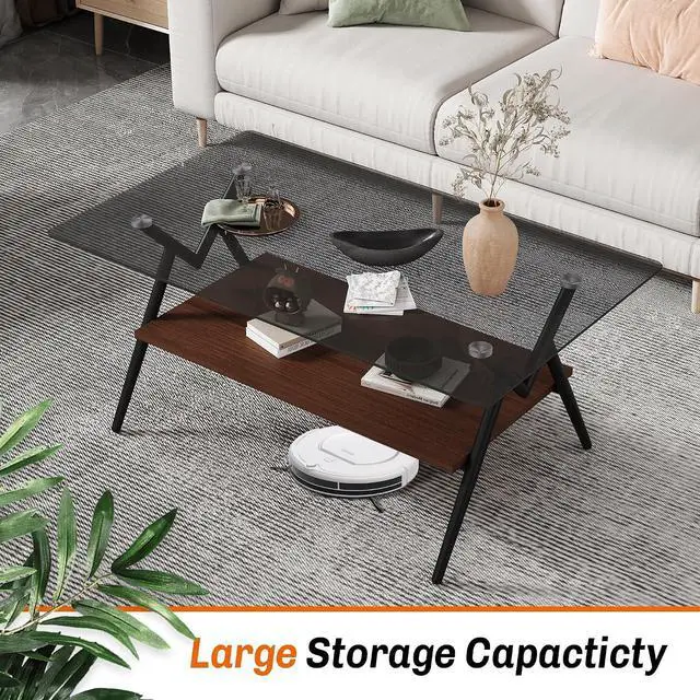 Alt view image 3 of 6 - Glass Coffee Table Modern Rectangular Tempered Glass Center Table with Open Storage Shelf, 2-Tier Accent Table with Metal Frame for Living Room & Small Spaces (Black+Black Glass A)