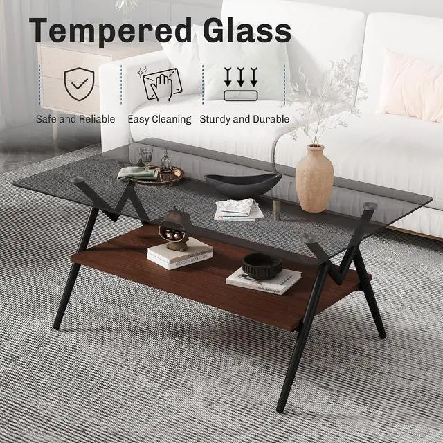 Alt view image 4 of 6 - Glass Coffee Table Modern Rectangular Tempered Glass Center Table with Open Storage Shelf, 2-Tier Accent Table with Metal Frame for Living Room & Small Spaces (Black+Black Glass A)