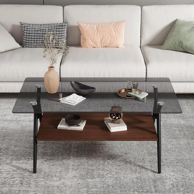 Alt view image 5 of 6 - Glass Coffee Table Modern Rectangular Tempered Glass Center Table with Open Storage Shelf, 2-Tier Accent Table with Metal Frame for Living Room & Small Spaces (Black+Black Glass A)