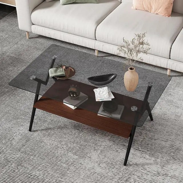 Alt view image 6 of 6 - Glass Coffee Table Modern Rectangular Tempered Glass Center Table with Open Storage Shelf, 2-Tier Accent Table with Metal Frame for Living Room & Small Spaces (Black+Black Glass A)