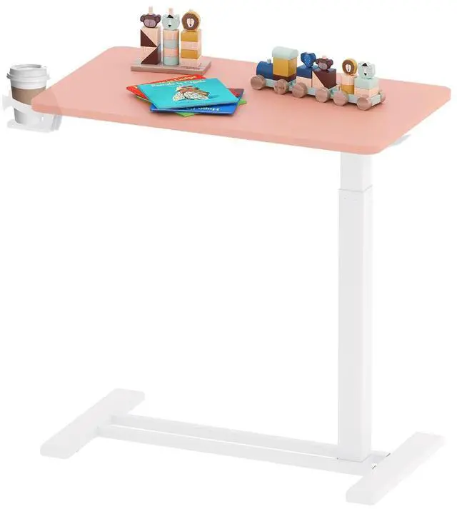 Main image of Medical Adjustable Overbed Bedside Table with Hidden Casters, Pneumatic Mobile Laptop Computer Standing Desk Cart with Tray, Hospital and Home Use(27.6" W x 15.7" D, Pink)