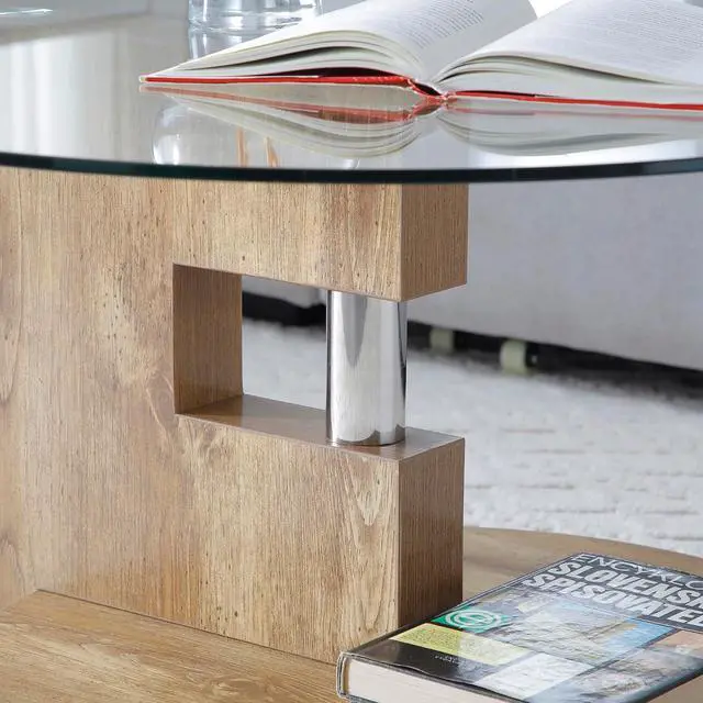 Alt view image 4 of 7 - Glass Coffee Table, Round Coffee Tables for Living Room, 2-Tier Circle Wooden Center Table with Tempered Glass Top, 31.5 Inch Modern Accent Cocktail Table for Home Office (Wood)