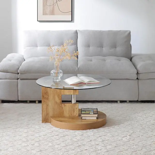 Alt view image 6 of 7 - Glass Coffee Table, Round Coffee Tables for Living Room, 2-Tier Circle Wooden Center Table with Tempered Glass Top, 31.5 Inch Modern Accent Cocktail Table for Home Office (Wood)