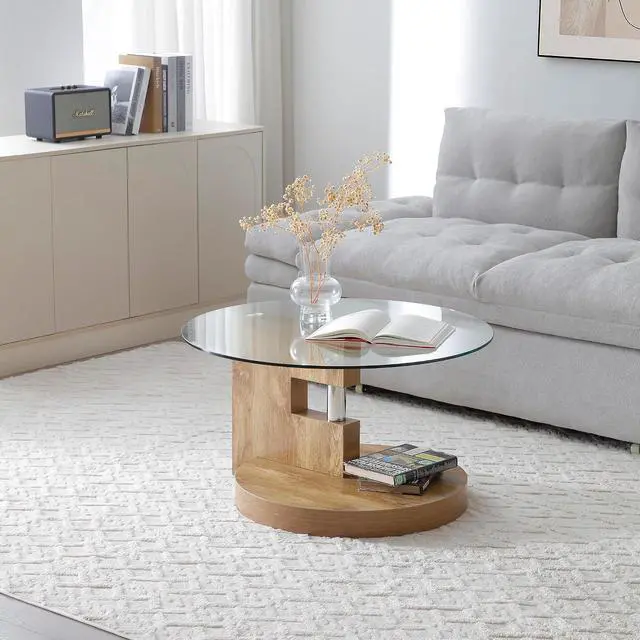 Alt view image 7 of 7 - Glass Coffee Table, Round Coffee Tables for Living Room, 2-Tier Circle Wooden Center Table with Tempered Glass Top, 31.5 Inch Modern Accent Cocktail Table for Home Office (Wood)