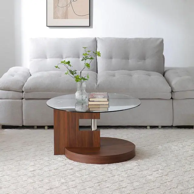 Alt view image 6 of 7 - Glass Coffee Table, Round Coffee Tables for Living Room, 2-Tier Circle Wooden Center Table with Tempered Glass Top, 31.5 Inch Modern Accent Cocktail Table for Home Office (Walnut)