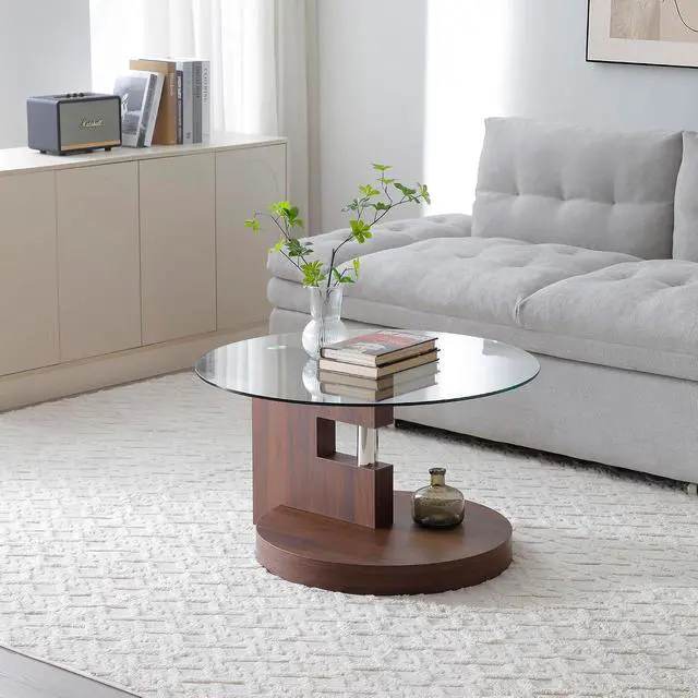 Alt view image 7 of 7 - Glass Coffee Table, Round Coffee Tables for Living Room, 2-Tier Circle Wooden Center Table with Tempered Glass Top, 31.5 Inch Modern Accent Cocktail Table for Home Office (Walnut)