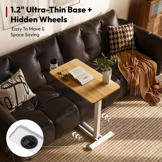 Alt view image 6 of 7 - Medical Adjustable Overbed Bedside Table with Hidden Casters, Pneumatic Mobile Laptop Computer Standing Desk Cart with Tray, Hospital and Home Use(31.5" W x 17.7" D, Maple)