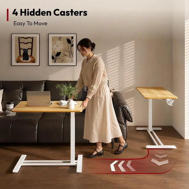 Alt view image 7 of 7 - Medical Adjustable Overbed Bedside Table with Hidden Casters, Pneumatic Mobile Laptop Computer Standing Desk Cart with Tray, Hospital and Home Use(31.5" W x 17.7" D, Maple)