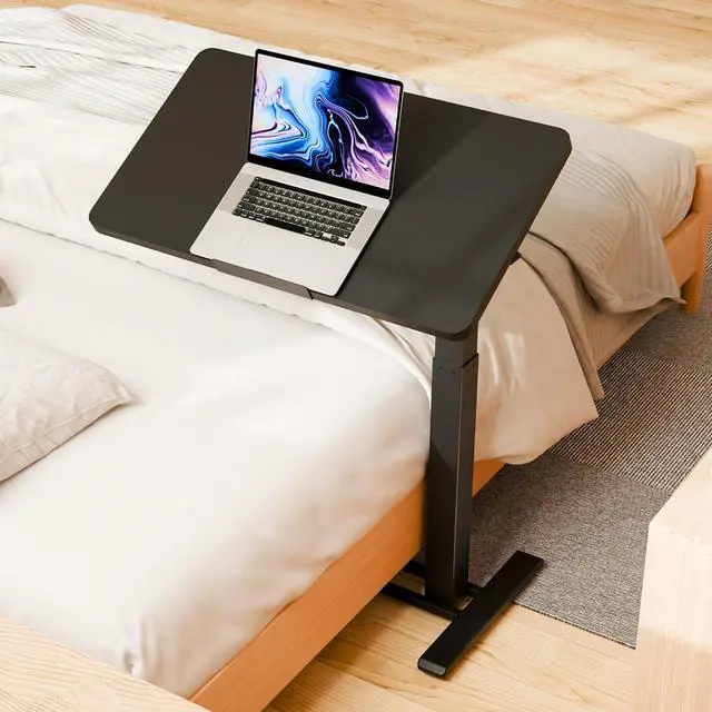 Main image of Medical Adjustable Overbed Bedside Table with Casters 90° Tilt Top Pneumatic Mobile Rolling Laptop Computer Standing Desk Cart with Tray, Hospital and Home Use(31.5" W x 17.7" D, Black)