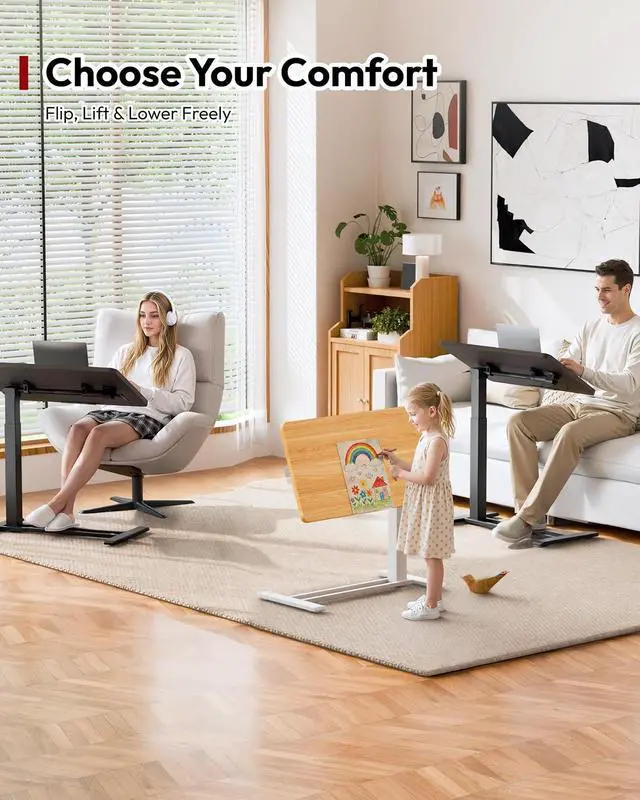 Alt view image 3 of 7 - Medical Adjustable Overbed Bedside Table with Casters 90° Tilt Top Pneumatic Mobile Rolling Laptop Computer Standing Desk Cart with Tray, Hospital and Home Use(31.5" W x 17.7" D, Black)