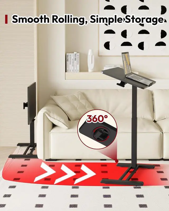 Alt view image 5 of 7 - Medical Adjustable Overbed Bedside Table with Casters 90° Tilt Top Pneumatic Mobile Rolling Laptop Computer Standing Desk Cart with Tray, Hospital and Home Use(31.5" W x 17.7" D, Black)