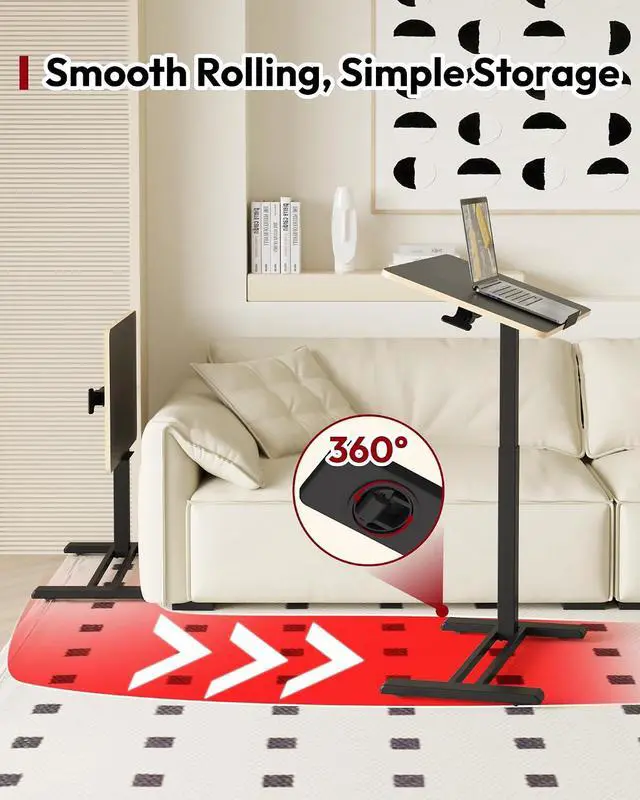 Alt view image 7 of 7 - Medical Adjustable Overbed Bedside Table with Casters 90° Tilt Top Pneumatic Mobile Rolling Laptop Computer Standing Desk Cart with Tray, Hospital and Home Use(27.6" W x 15.7" D, Black)