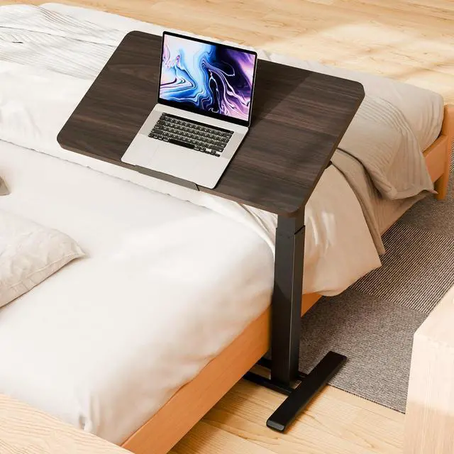 Main image of Medical Adjustable Overbed Bedside Table with Casters 90° Tilt Top Pneumatic Mobile Rolling Laptop Computer Standing Desk Cart with Tray, Hospital and Home Use(31.5" W x 17.7" D,Rustic Brown)