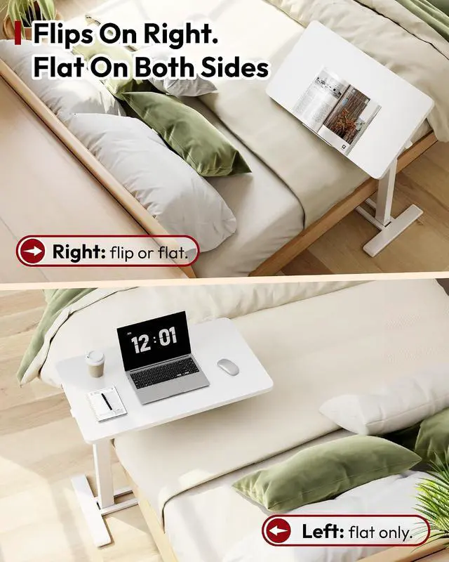 Alt view image 4 of 7 - Medical Adjustable Overbed Bedside Table with Casters 90° Tilt Top Pneumatic Mobile Rolling Laptop Computer Standing Desk Cart with Tray, Hospital and Home Use(31.5" W x 17.7" D, White)
