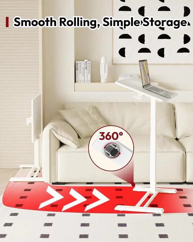 Alt view image 6 of 7 - Medical Adjustable Overbed Bedside Table with Casters 90° Tilt Top Pneumatic Mobile Rolling Laptop Computer Standing Desk Cart with Tray, Hospital and Home Use(31.5" W x 17.7" D, White)