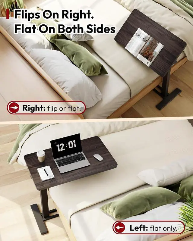 Alt view image 4 of 7 - Medical Adjustable Overbed Bedside Table with Casters 90° Tilt Top Pneumatic Mobile Rolling Laptop Computer Standing Desk Cart with Tray, Hospital and Home Use(31.5" W x 17.7" D,Rustic Brown)