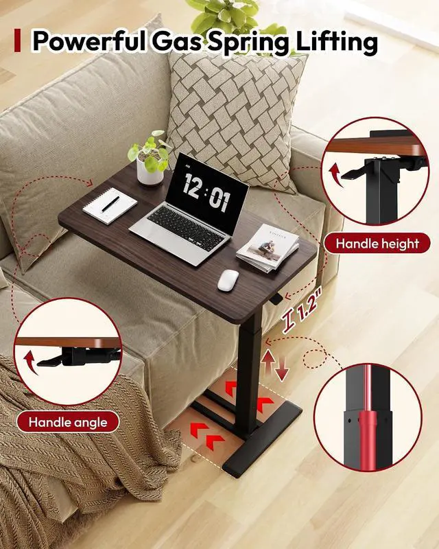 Alt view image 5 of 7 - Medical Adjustable Overbed Bedside Table with Casters 90° Tilt Top Pneumatic Mobile Rolling Laptop Computer Standing Desk Cart with Tray, Hospital and Home Use(31.5" W x 17.7" D,Rustic Brown)