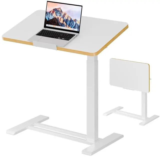 Main image of Medical Adjustable Overbed Bedside Table with Casters 90° Tilt Top Pneumatic Mobile Rolling Laptop Computer Standing Desk Cart with Tray, Hospital and Home Use(27.6" W x 15.7" D, White)