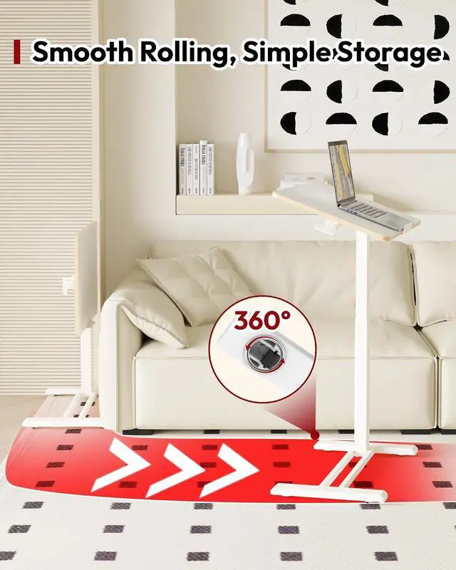 Alt view image 7 of 7 - Medical Adjustable Overbed Bedside Table with Casters 90° Tilt Top Pneumatic Mobile Rolling Laptop Computer Standing Desk Cart with Tray, Hospital and Home Use(27.6" W x 15.7" D, White)