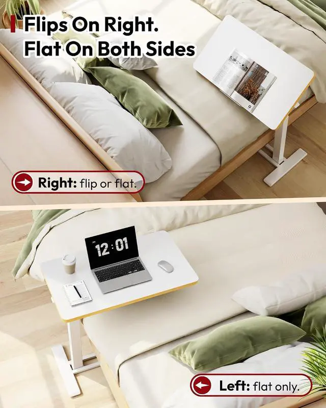 Alt view image 4 of 7 - Medical Adjustable Overbed Bedside Table with Casters 90° Tilt Top Pneumatic Mobile Rolling Laptop Computer Standing Desk Cart with Tray, Hospital and Home Use(27.6" W x 15.7" D, White)
