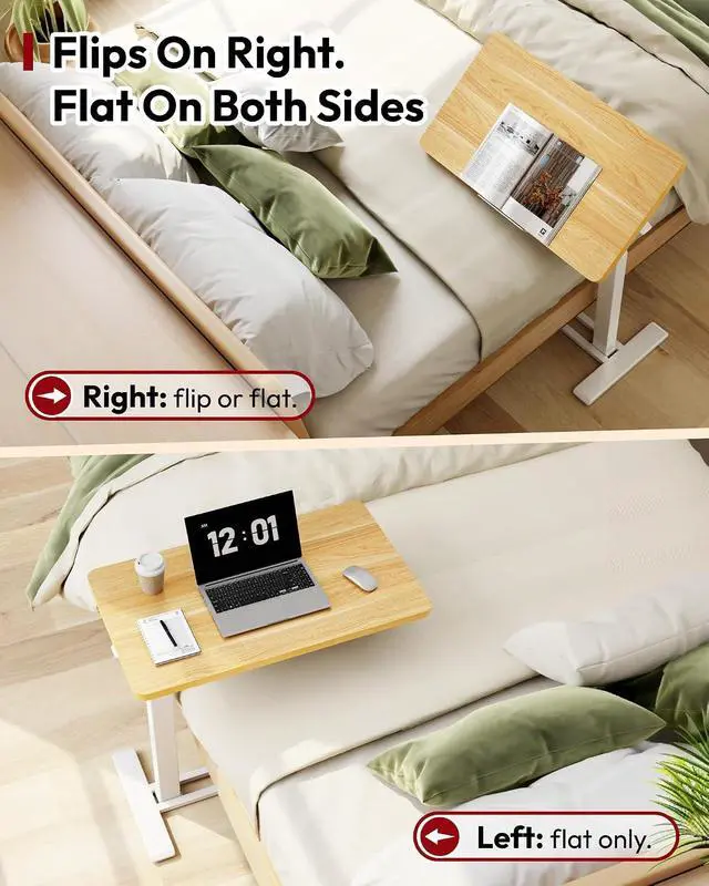 Alt view image 4 of 7 - Medical Adjustable Overbed Bedside Table with Casters 90° Tilt Top Pneumatic Mobile Rolling Laptop Computer Standing Desk Cart with Tray, Hospital and Home Use(31.5" W x 17.7" D, Maple)