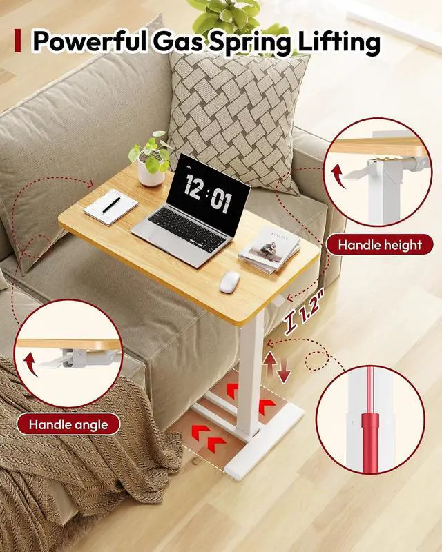 Alt view image 5 of 7 - Medical Adjustable Overbed Bedside Table with Casters 90° Tilt Top Pneumatic Mobile Rolling Laptop Computer Standing Desk Cart with Tray, Hospital and Home Use(31.5" W x 17.7" D, Maple)