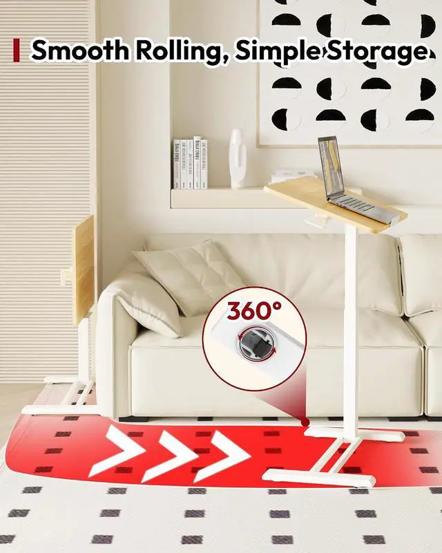 Alt view image 6 of 7 - Medical Adjustable Overbed Bedside Table with Casters 90° Tilt Top Pneumatic Mobile Rolling Laptop Computer Standing Desk Cart with Tray, Hospital and Home Use(31.5" W x 17.7" D, Maple)