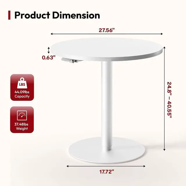 Alt view image 3 of 7 - Pneumatic Height Adjustable Round Dining Table, 27.5" Portable Bar Table, Wooden Overbed Table for Laptop, Snacks & Coffee, Ideal for Living Room, Bedroom, Home Office(Black)