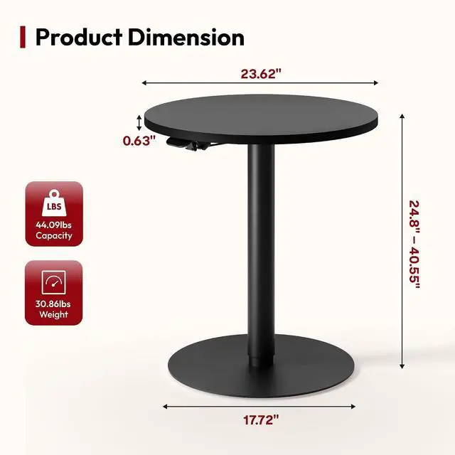 Alt view image 3 of 7 - Pneumatic Height Adjustable Round Dining Table, 23.6" Portable Bar Table, Wooden Overbed Table for Laptop, Snacks & Coffee, Ideal for Living Room, Bedroom, Home Office(Black Walnut)