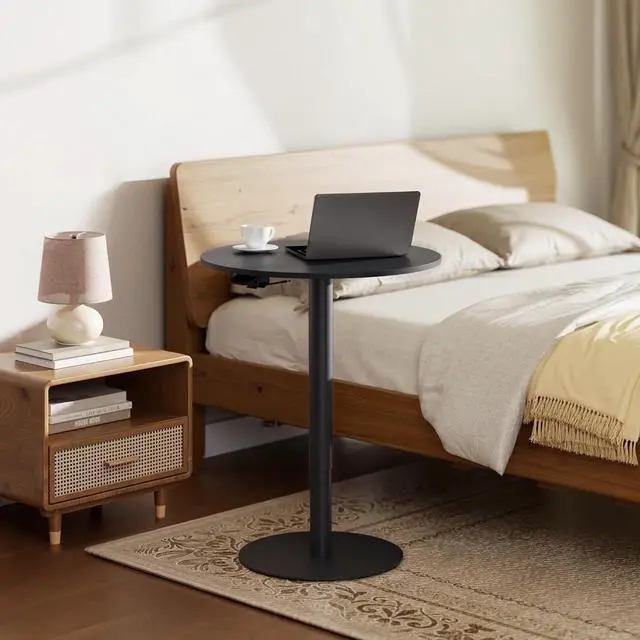 Alt view image 5 of 7 - Pneumatic Height Adjustable Round Dining Table, 23.6" Portable Bar Table, Wooden Overbed Table for Laptop, Snacks & Coffee, Ideal for Living Room, Bedroom, Home Office(Black Walnut)