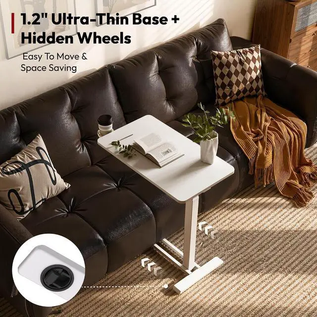 Alt view image 6 of 7 - Adjustable Overbed Bedside Table Pneumatic Adjustable Height Laptop Computer Standing Desk Cart with Tray, Hospital and Home Use(23.6" W x 13.8" D,White)