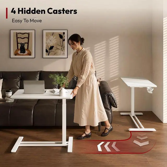 Alt view image 7 of 7 - Adjustable Overbed Bedside Table Pneumatic Adjustable Height Laptop Computer Standing Desk Cart with Tray, Hospital and Home Use(23.6" W x 13.8" D,White)