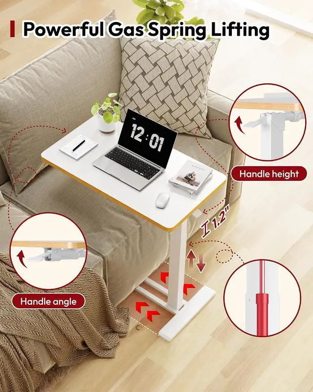 Alt view image 5 of 7 - Medical Adjustable Overbed Bedside Table with Casters 90° Tilt Top Pneumatic Mobile Rolling Laptop Computer Standing Desk Cart with Tray, Hospital and Home Use(27.6" W x 15.7" D, White)