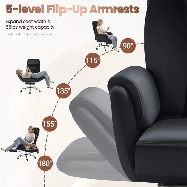 Alt view image 4 of 7 - Big and Tall Gaming Chair, Ergonomic Office Chair with footrest, 180°Flip Armrests Gaming Chair Criss Cross Legged, Wide Seat Reclining Vanity Chair (Short Velvet, Black)
