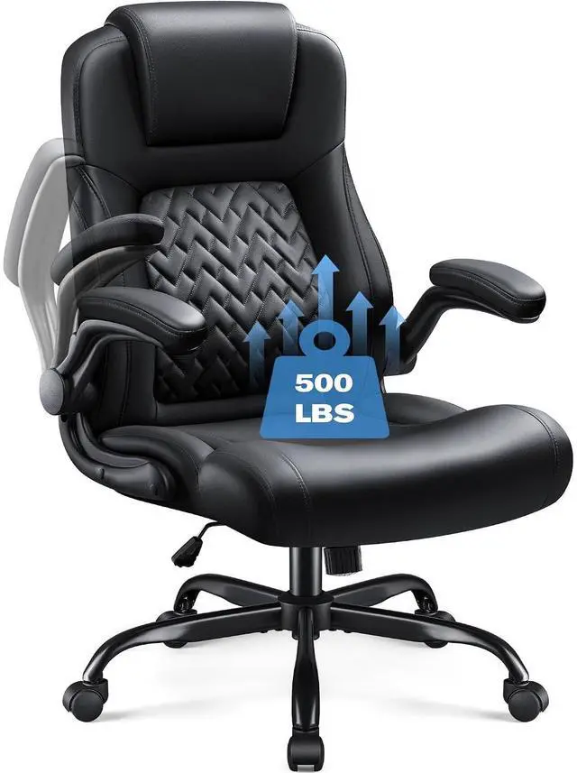 Main image of Big and Tall Office Chair 500lbs, Heavy Duty Office Chairs, Ergonomic High Back Desk Chair, Adjustable Flip Up Armrest Executive Chair Made of PU Leather, Computer Chair for Gaming Desk (Black)