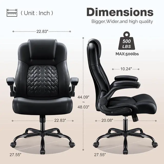 Alt view image 3 of 7 - Big and Tall Office Chair 500lbs, Heavy Duty Office Chairs, Ergonomic High Back Desk Chair, Adjustable Flip Up Armrest Executive Chair Made of PU Leather, Computer Chair for Gaming Desk (Black)