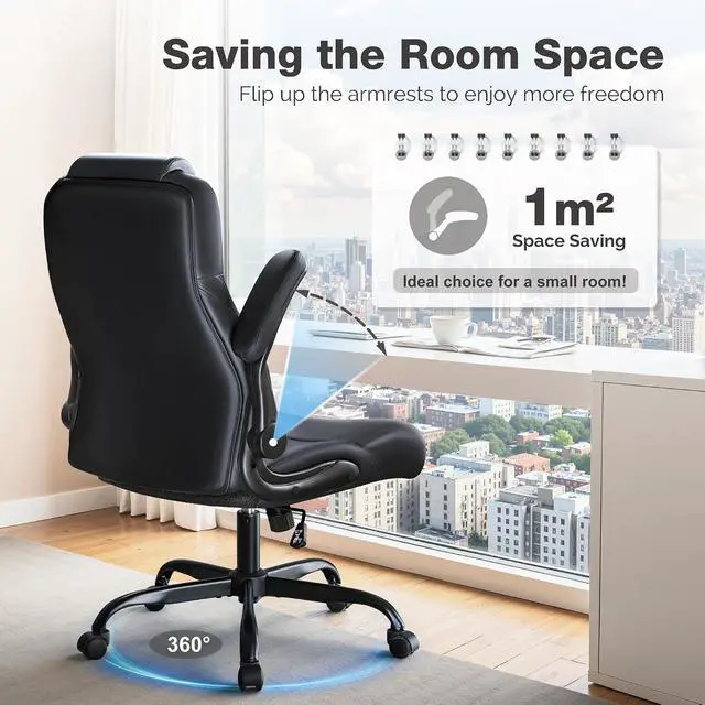 Alt view image 5 of 7 - Big and Tall Office Chair 500lbs, Heavy Duty Office Chairs, Ergonomic High Back Desk Chair, Adjustable Flip Up Armrest Executive Chair Made of PU Leather, Computer Chair for Gaming Desk (Black)