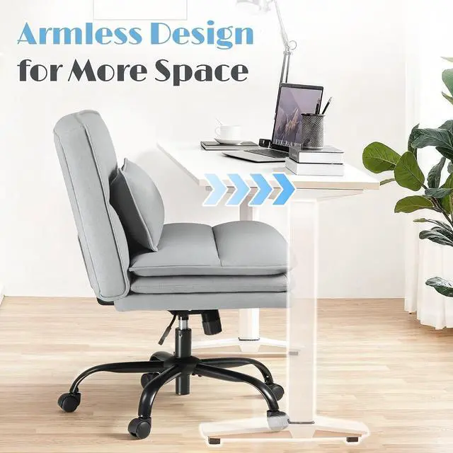 Alt view image 4 of 7 - Criss Cross Legged Office Chair with Wheels, Armless Extra Wide Seat Swivel Desk Chair, Adjustable Height Comfy Task Chair with Thick Cushion for Home Office Bedroom Vanity (Fabric, Grey)