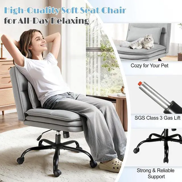 Alt view image 3 of 7 - Criss Cross Legged Office Chair with Wheels, Armless Extra Wide Seat Swivel Desk Chair, Adjustable Height Comfy Task Chair with Thick Cushion for Home Office Bedroom Vanity (Fabric, Grey)