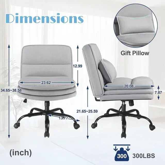 Alt view image 2 of 7 - Criss Cross Legged Office Chair with Wheels, Armless Extra Wide Seat Swivel Desk Chair, Adjustable Height Comfy Task Chair with Thick Cushion for Home Office Bedroom Vanity (Fabric, Grey)