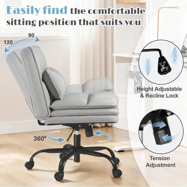 Alt view image 6 of 7 - Criss Cross Legged Office Chair with Wheels, Armless Extra Wide Seat Swivel Desk Chair, Adjustable Height Comfy Task Chair with Thick Cushion for Home Office Bedroom Vanity (Fabric, Grey)