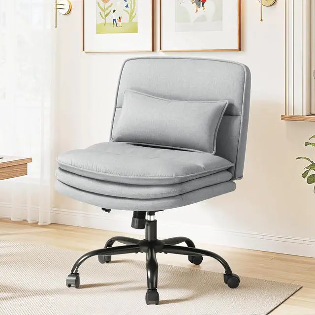 Alt view image 7 of 7 - Criss Cross Legged Office Chair with Wheels, Armless Extra Wide Seat Swivel Desk Chair, Adjustable Height Comfy Task Chair with Thick Cushion for Home Office Bedroom Vanity (Fabric, Grey)