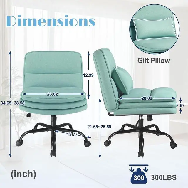 Alt view image 2 of 7 - Criss Cross Legged Office Chair with Wheels, Armless Extra Wide Seat Swivel Desk Chair, Adjustable Height Comfy Task Chair with Thick Cushion for Home Office Bedroom Vanity (Fabric, Green)