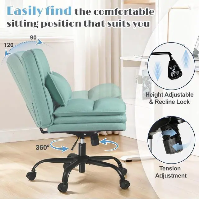 Alt view image 6 of 7 - Criss Cross Legged Office Chair with Wheels, Armless Extra Wide Seat Swivel Desk Chair, Adjustable Height Comfy Task Chair with Thick Cushion for Home Office Bedroom Vanity (Fabric, Green)