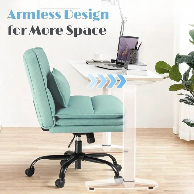 Alt view image 4 of 7 - Criss Cross Legged Office Chair with Wheels, Armless Extra Wide Seat Swivel Desk Chair, Adjustable Height Comfy Task Chair with Thick Cushion for Home Office Bedroom Vanity (Fabric, Green)