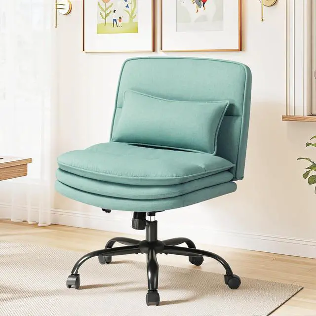 Alt view image 7 of 7 - Criss Cross Legged Office Chair with Wheels, Armless Extra Wide Seat Swivel Desk Chair, Adjustable Height Comfy Task Chair with Thick Cushion for Home Office Bedroom Vanity (Fabric, Green)