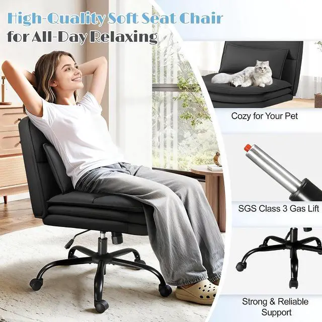 Alt view image 3 of 7 - Criss Cross Legged Office Chair with Wheels, Armless Extra Wide Seat Swivel Desk Chair, Adjustable Height Comfy Task Chair with Thick Cushion for Home Office Bedroom Vanity (PU Leather, Black)